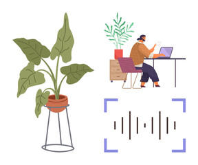 Worker at desk with laptop, potted plants nearby, modern soundwave graphic. Ideal for work-from-home, creativity, remote work, productivity, minimalism modern lifestyle nature integration. Simple