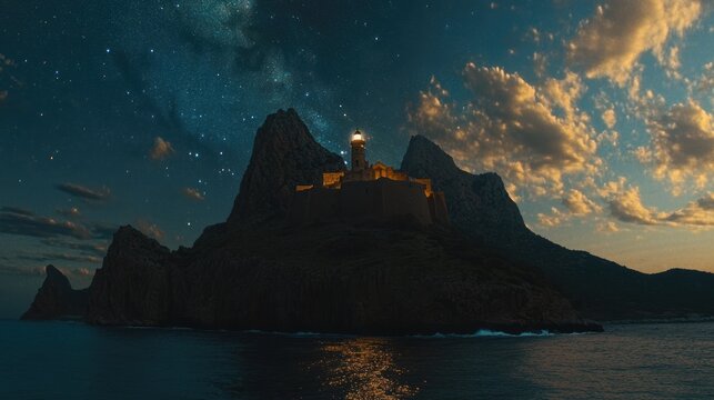 Luminous lighthouse atop a rocky island at night, under a starry sky