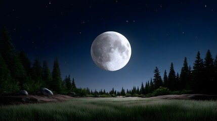 Serene night landscape with a full moon over a forest