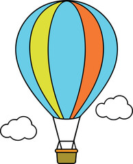 Fototapeta premium A colorful hot air balloon floating in a clear blue sky with soft white clouds, vector illustration, clean white background
