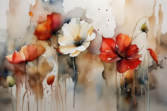 Pittura ad acquerello di fiori di papavero e margherite, rossi e bianchi su sfondo acquerello.