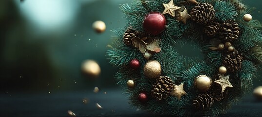Beautiful Christmas Background with Evergreen Wreath, Gold Decorations, and Defocused Lights