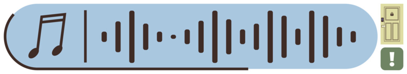 Music note and waveform bars convey sound door icon suggests opportunity, exclamation mark emphasizes importance. Ideal for sound design, communication, alerts, creativity, technology, opportunity