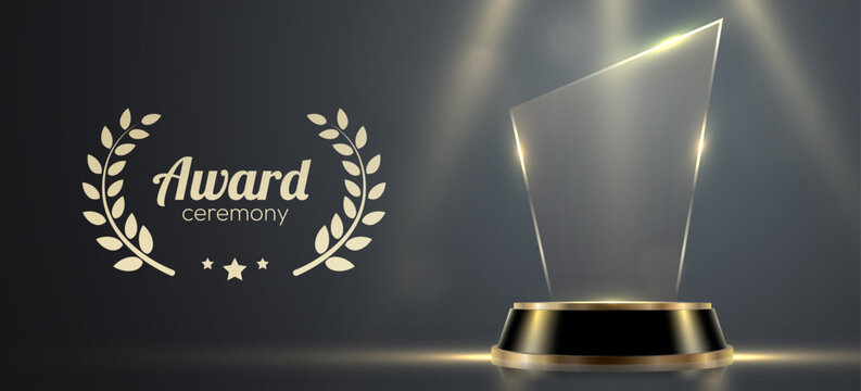 Award podium with glass trophy with laurel wreath on dark background. Symbol of victory, achievement, success, rewarding of winner. Vector illustration