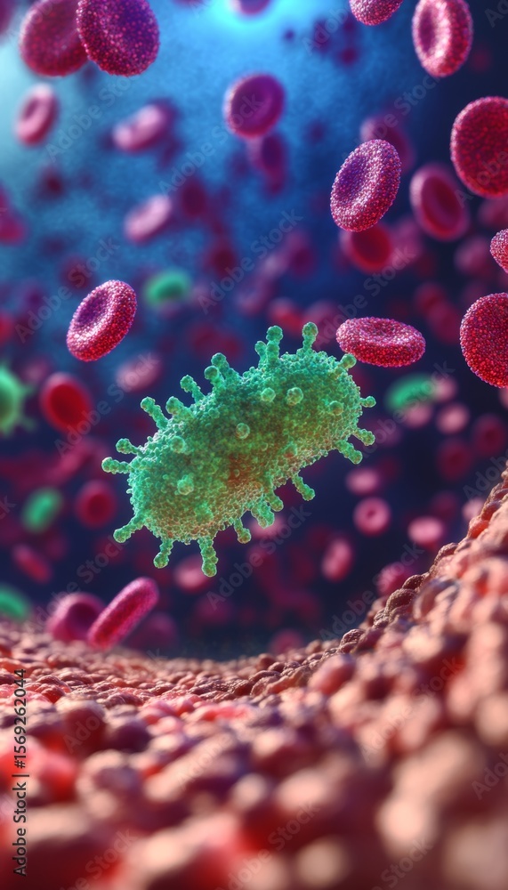 Poster intricate microscopic view of bacterium interacting with vibrant red blood cells in dynamic scene
