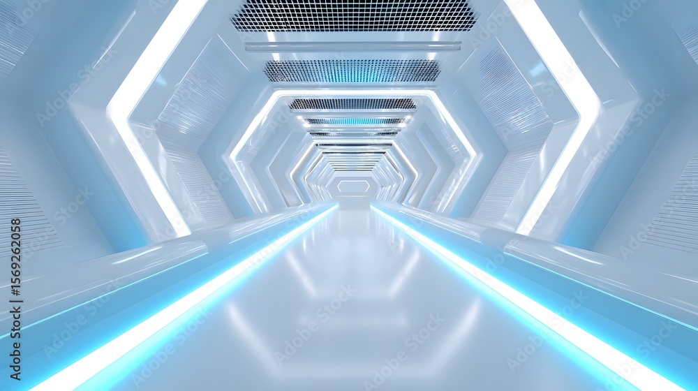 Poster futuristic minimalist corridor or tunnel with geometric patterns and lights.