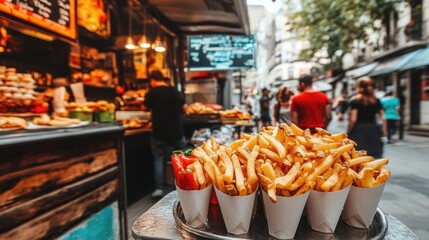 French fries in paper cones at a street food stall in a bustling European city