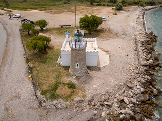 Aerial drone videos of Drepano lighthouse area of ​​Gulf of Corinth	