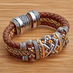 Braided leather bracelet with gold accents high resolution picture