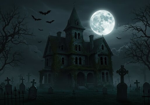 Spooky victorian haunted mansion under a full moon with bats and graveyard