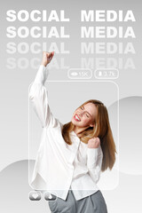 Celebrating success on social media with joyful expression and audience engagement in modern...
