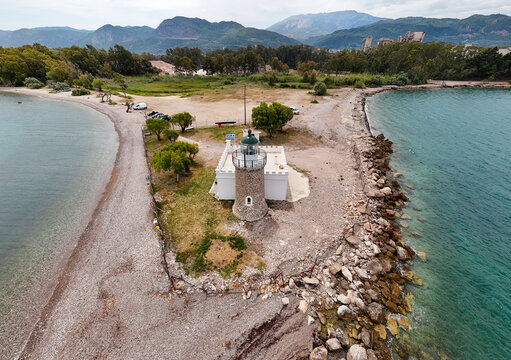 Aerial drone videos of Drepano lighthouse area of Gulf of Corinth - Powered by Adobe