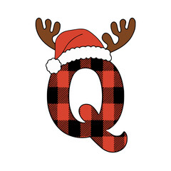 Christmas letter Q with plaid, antlers, and Santa hat, Festive uppercase letter Q decorated with a red plaid pattern, Santa hat, and cartoon antlers, perfect for Christmas crafts and holiday-themed 
