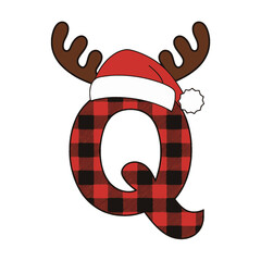 Christmas letter Q with plaid, antlers, and Santa hat, Festive uppercase letter Q decorated with a red plaid pattern, Santa hat, and cartoon antlers, perfect for Christmas crafts and holiday-themed 
