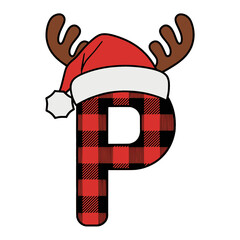 Christmas letter P with plaid, antlers, and Santa hat, Festive uppercase letter P decorated with a red plaid pattern, Santa hat, and cartoon antlers, ideal for Christmas crafts and holiday-themed 
