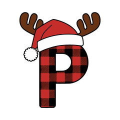 Christmas letter P with plaid, antlers, and Santa hat, Festive uppercase letter P decorated with a red plaid pattern, Santa hat, and cartoon antlers, ideal for Christmas crafts and holiday-themed 
