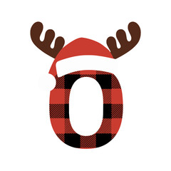 Christmas letter O with plaid, antlers, and Santa hat, Festive uppercase letter O decorated with a red plaid pattern, Santa hat, and cartoon antlers, perfect for Christmas crafts and holiday-themed 
