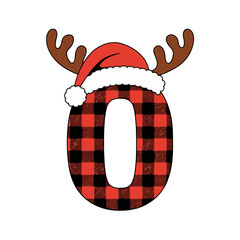 Christmas letter O with plaid, antlers, and Santa hat, Festive uppercase letter O decorated with a red plaid pattern, Santa hat, and cartoon antlers, perfect for Christmas crafts and holiday-themed 
