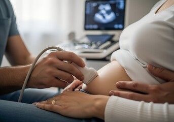 Pregnant woman receiving ultrasound scan with partner in clinic  