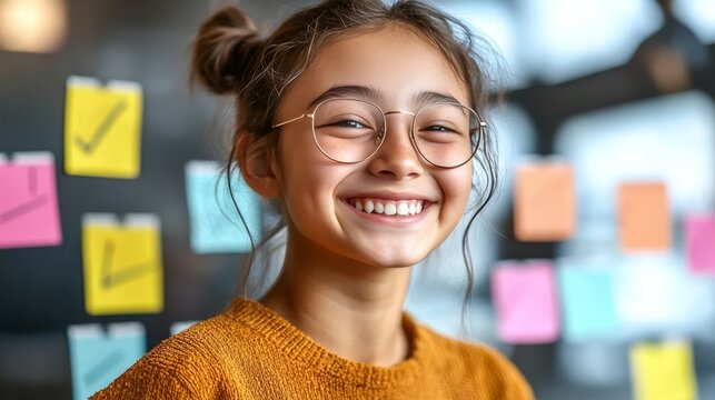 Teenage student brainstorming creative solutions with colorful sticky notes in classroom setting. - Powered by Adobe