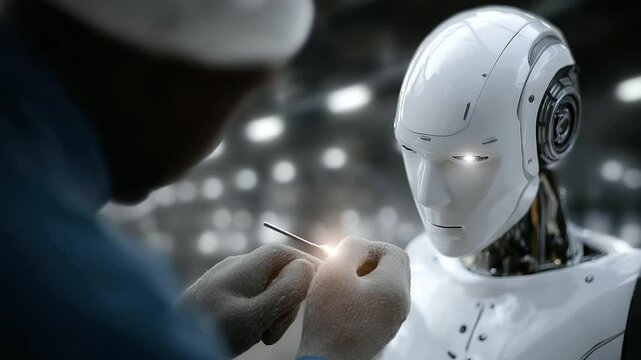 Technician Programming Humanoid Robot with Advanced Tools in Engineering