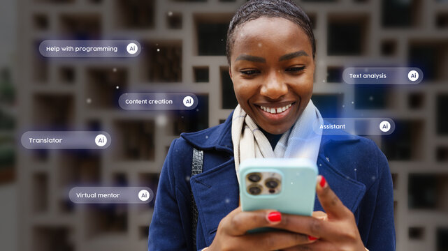 Woman smiling while using smartphone to access digital assistant technology for various tasks and services in urban setting