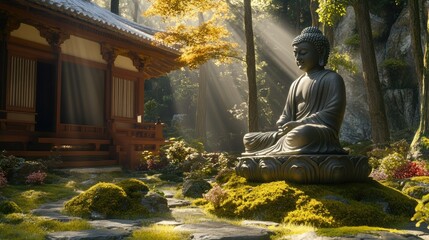 Buddha statue in serene Japanese garden. Sunbeams illuminate ancient wooden temple
