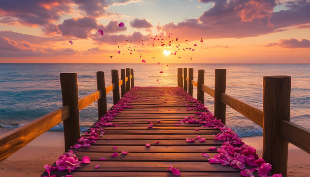 Wooden beach walkway with falling pink flower petals leading to ocean view at sunset
