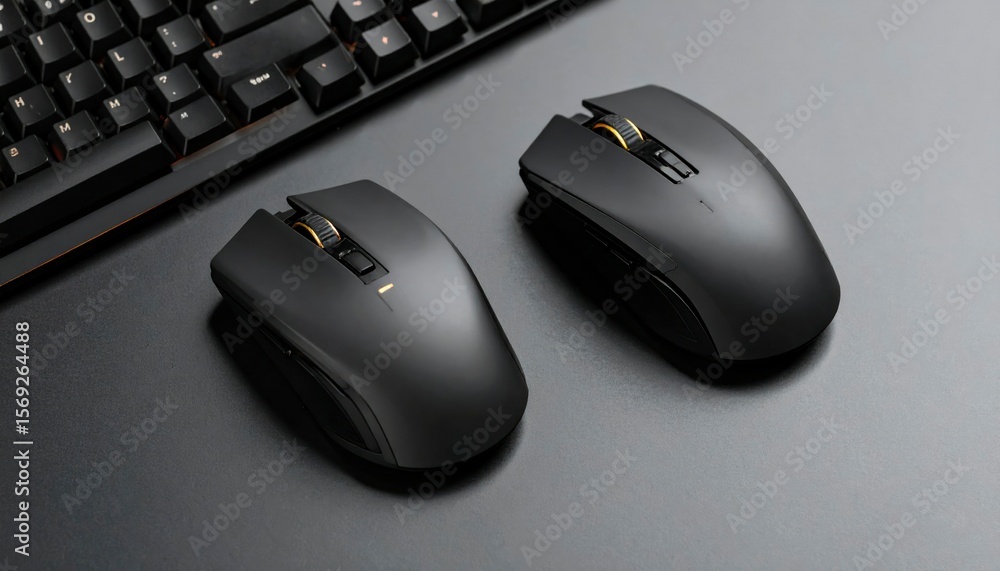 Poster black wireless gaming mouse mockup on matte surface with keyboard in background