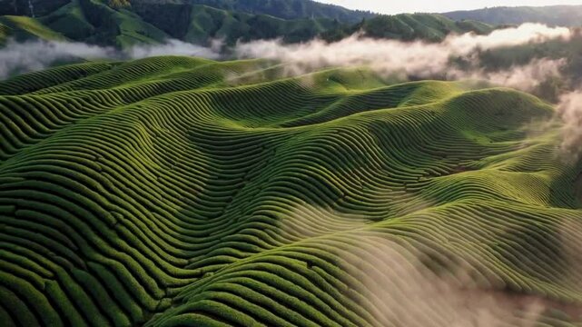 Rows of tea plants stretching across mountain slopes with morning fog drifting slowly