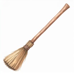 Watercolor Illustration of a Rustic Straw Broom with Wooden Handle