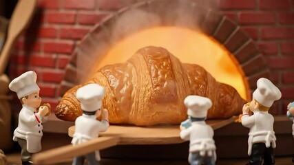 Miniature Chefs Baking Giant Croissant in Brick Oven with Steam and Warmth