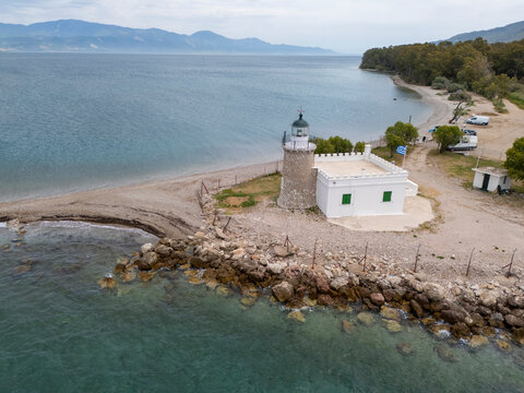Aerial drone videos of Drepano lighthouse area of Gulf of Corinth