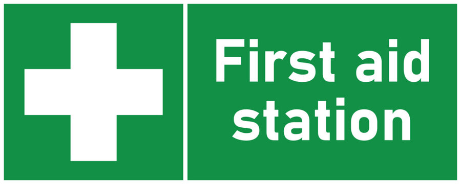first aid station sign and symbol in green and white landscape format - Powered by Adobe