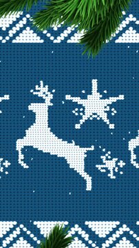 Animation of fir tree branches frame with christmas reindeer pattern on blue background