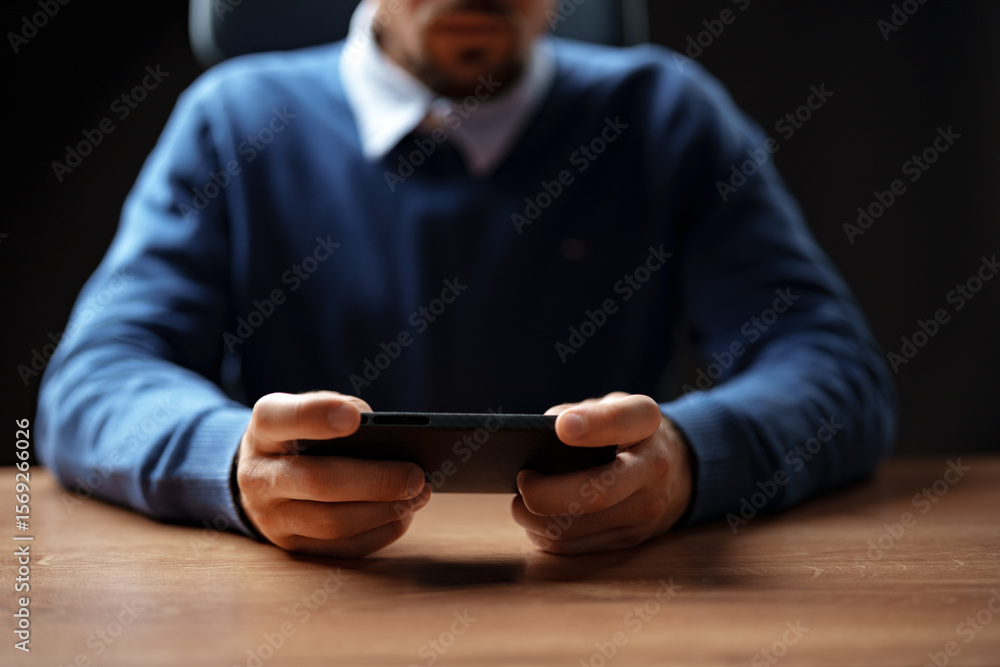 Poster man focused on smartphone while sitting at a desk in an office setting during the day