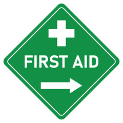 first aid point right direction sign and symbol in green and white diamond shape sign
