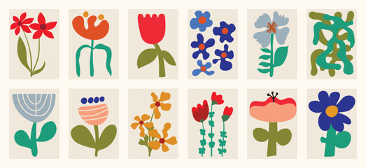 Abstract floral vector illustration set, minimal flower clipart, modern retro botanical elements for wall art and posters.