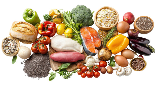 Grouped healthy food representing all five food categories Transparent background, PNG