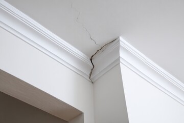Large crack in white ceiling and crown molding, indicating structural damage to the house.