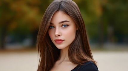 Fototapeta premium Captivating woman's portrait in a serene outdoor setting
