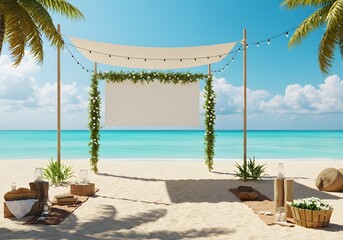 Hyperrealistic Summer Beach Scene with Blank Banner Space and No People