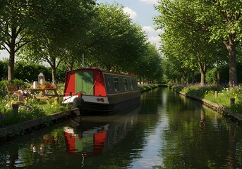 Scenic Canal Boat Holiday Scene with No People and Text Space