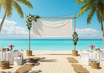 Hyperrealistic Summer Beach Scene with Blank Banner Space and No People