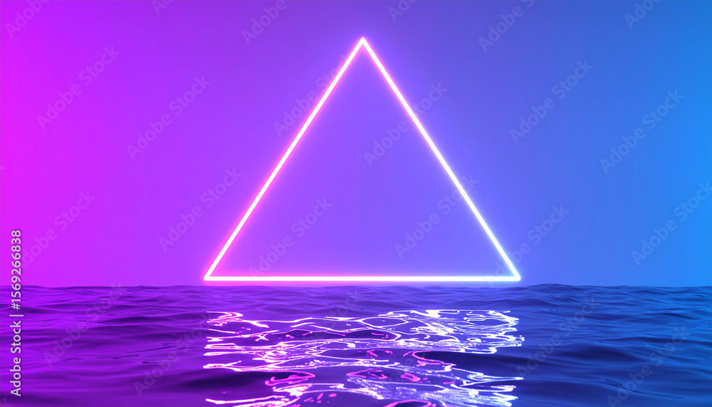 Poster glowing triangular ultraviolet neon frame floating above a liquid surface. holographic gradient.