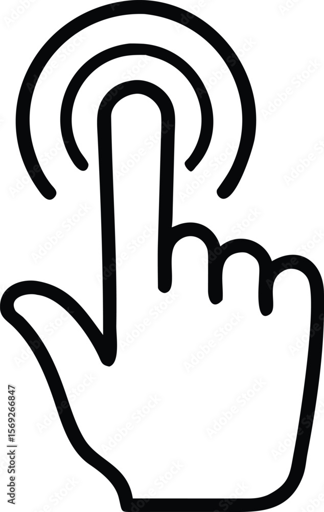 Poster simple black line art icon of a hand with a finger pointing and concentric circles indicating touch