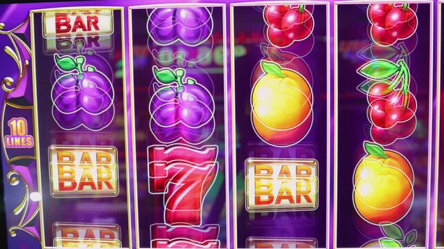Casino slot machine screen with colorful fruit symbols like lemons, plums, oranges, cherries and diamonds, stars and red lucky number seven