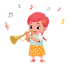 cute girl play trumpet cartoon vector illustration