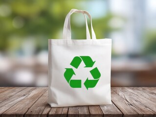 White tote bag with green recycle symbol on wooden surface, blurred green background suggests eco-consciousness.