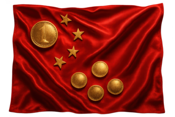 Chinese flag concept with golden coins, isolated on a transparent background.